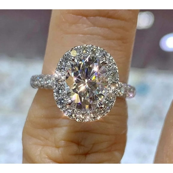 14K White Gold Plated Silver 3Ct Oval Cut Lab Created Diamond Halo Engagement Gift Ring