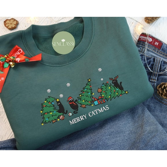 Embroidered Cute Merry Catmas Sweatshirt, Funny Christmas Black Cat Shirt For Woman Holiday Sweater, Xmas Cat Mom Shirt, Cat Lover Gifts