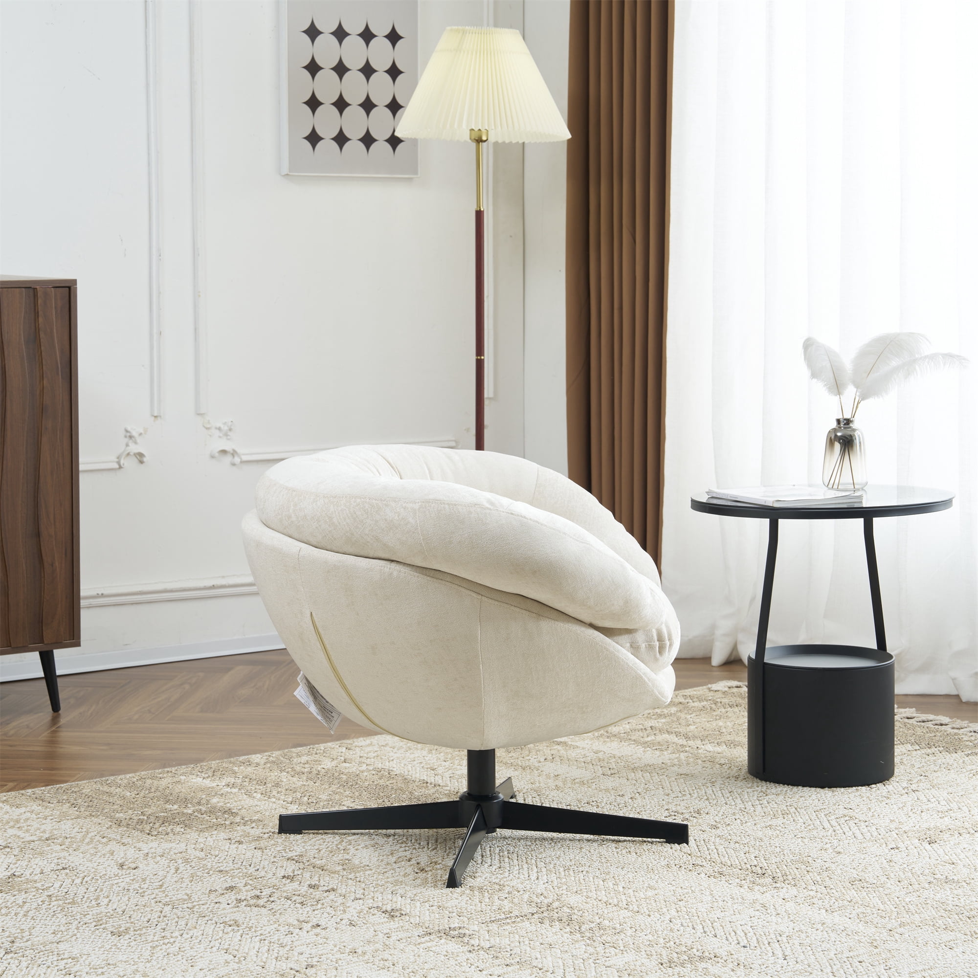 EUROCO 33" Ergonomic Chenille Swivel Chair,Cotton Accent Chair with Soft Thick Removable Cushion and Metal Base,360 Degree Swivel for Living, Bedroom, Reading Room,Beige