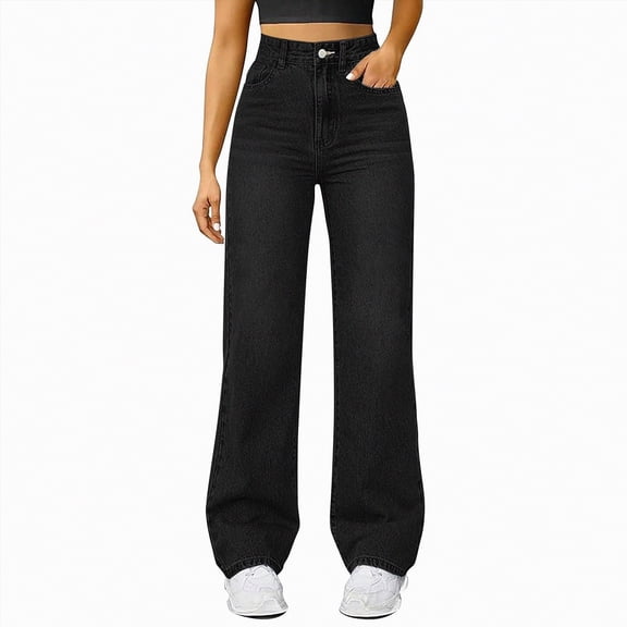 Duqingm Baggy Jeans for Teens Women's Jeans High Waisted Straight Leg Stretchy Jeans Trendy Pockets Loose Wide Leg Denim Pants Black,2XL
