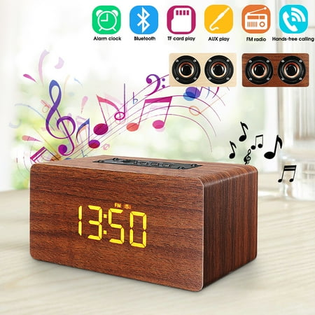 Stereo Speakers Brown 2 In1 Wireless Wooden bluetooth Speaker Double-side Alarm Clock Subwoofer Hi-Fi Music Player FM Radio TF/USB Stereo Hands-free calling ()