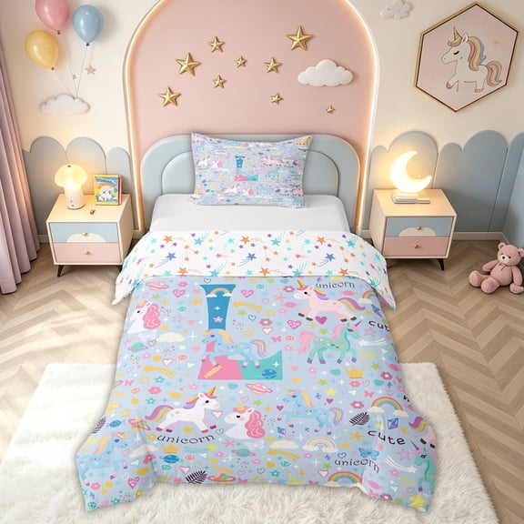 meiyoeat Cute Unicorn L Initial Twin Duvet Cover for Kids, Cartoon Monogram Twin Bedding, Blue Multicolor, Colorful Star Reversible, 2pcs, 1 Duvet Cover and 1 Pillowcase