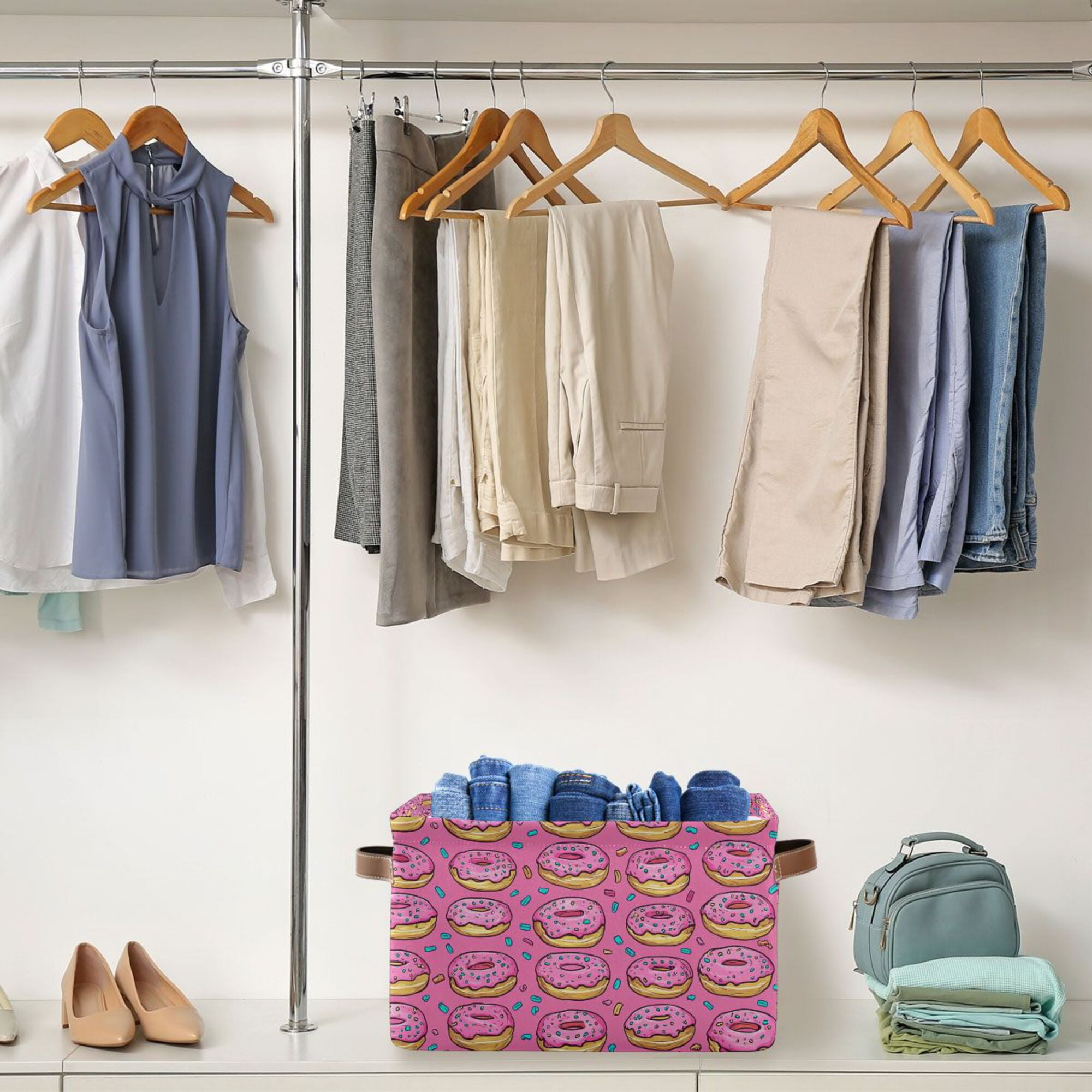 Yayeee 2 Pack Canvas Storage Basket with Handles for Shelves Fabric Bins Closet Organizer, Pink Doughnuts
