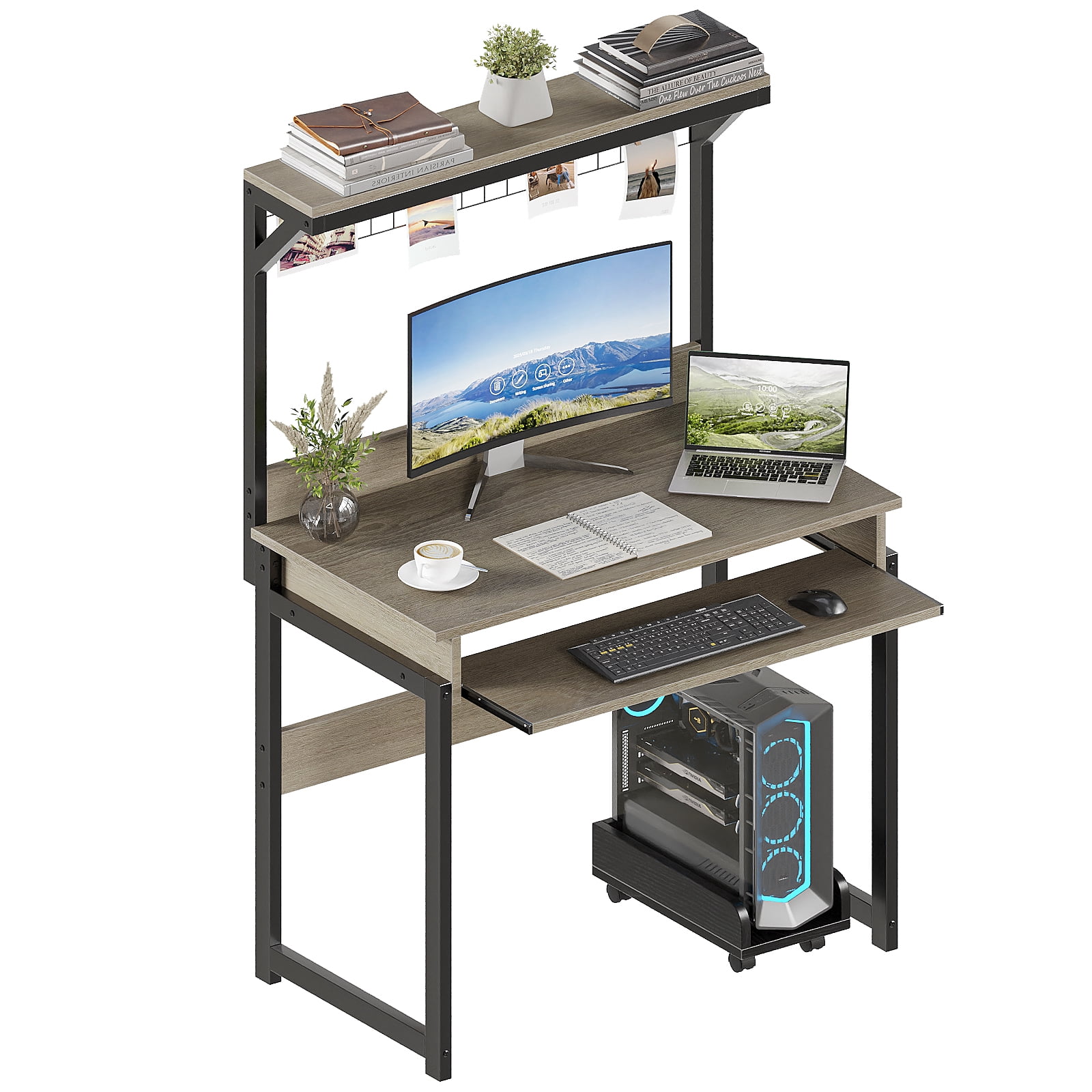 MIN EN WIN Retro Computer Desk with Storage Shelf and Keyboard Tray, Industrial Style Gaming Desk for Home Office, Gray Oak