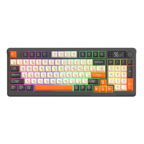Teclado mecánico ruso ergonómico universal de 38,5 x 14,5 cm con teclas PBT. negro naranja