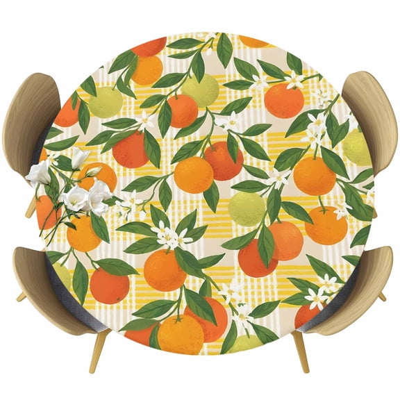 Round Table Cover 55-60 Inch Green Orange Waterproof Reusable Table Cloth Round Fitted Vinyl Tablecloth with Elastic Edged for Parties Outdoors, Summer Botanical Leaves Watercolor Checkered