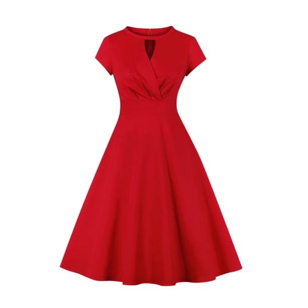 Vestido de bola oscilante de cintura alta con cremallera de Color sólido Retro de estilo informal con cuello redondo para mujer a la moda Fridja qw2271