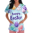 thumbnail image 4 of Easter Womens Scrub Tops V Neck Short Sleeve Funny Bunny Print Tops Soft Casual Nursing Shirts with Pockets, #01 Light Blue, 4XL, 4 of 4