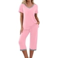 thumbnail image 1 of Qucoqpe - Conjuntos de pijama cómodos para mujer, con blusa de manga corta con cuello en V y pantalones anchos con estampado floral, estilo capri holgado, 1 of 5