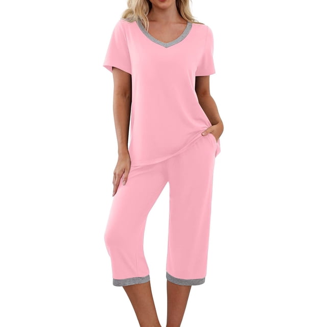 Qucoqpe - Conjuntos de pijama cómodos para mujer, con blusa de manga corta con cuello en V y pantalones anchos con estampado floral, estilo capri holgado
