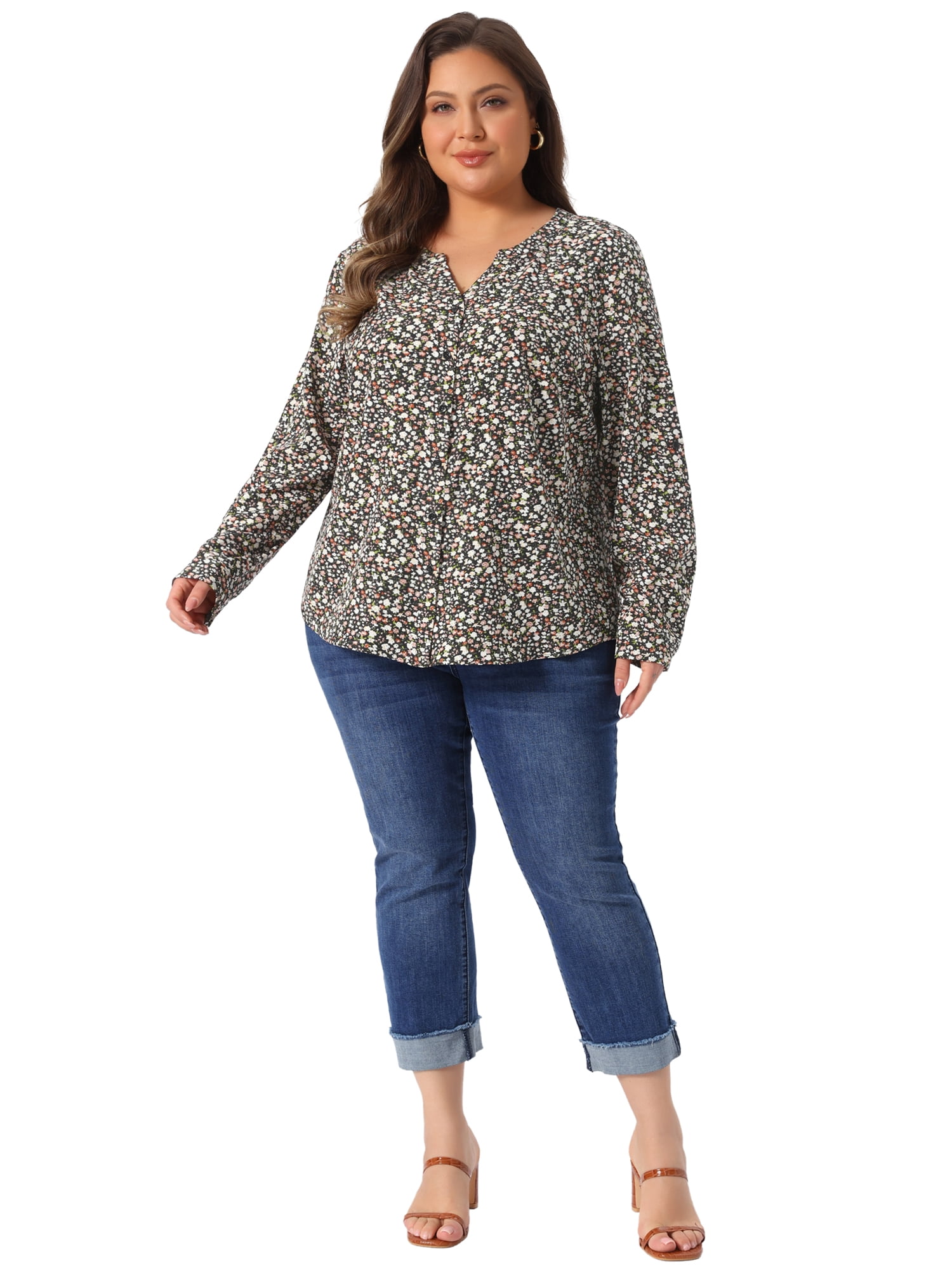 DARING DIVA Women's Plus Size Floral Long Sleeve Button Down Shirt 1X Black