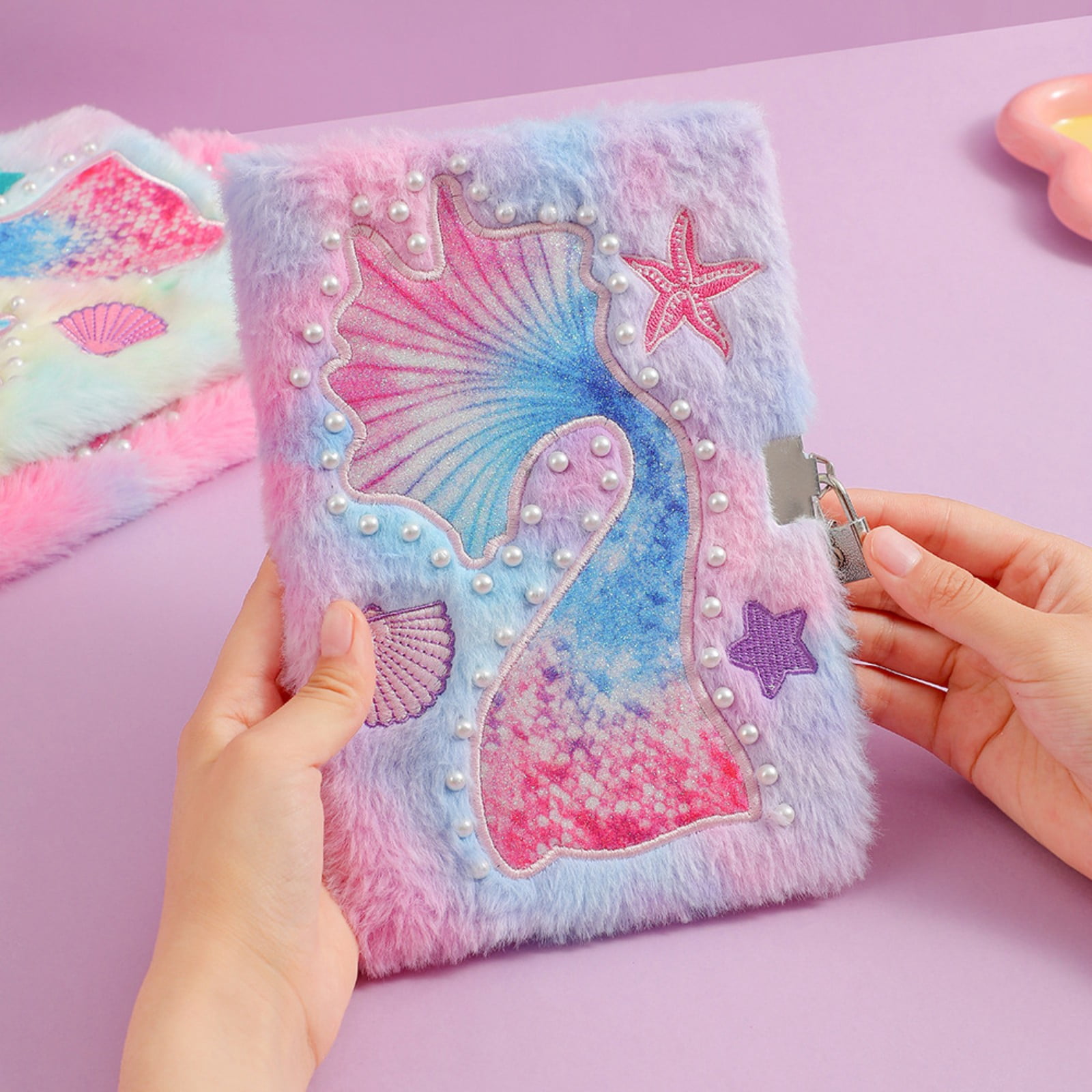 VKLU Plush Lock Diary, Mermaid Theme Fuzzy Notebook with Keys, Aesthetic Tie Dye Sequin Journal for Creative Writing and Daily Log, Soft Furry Stationery, Purple Tie Dye