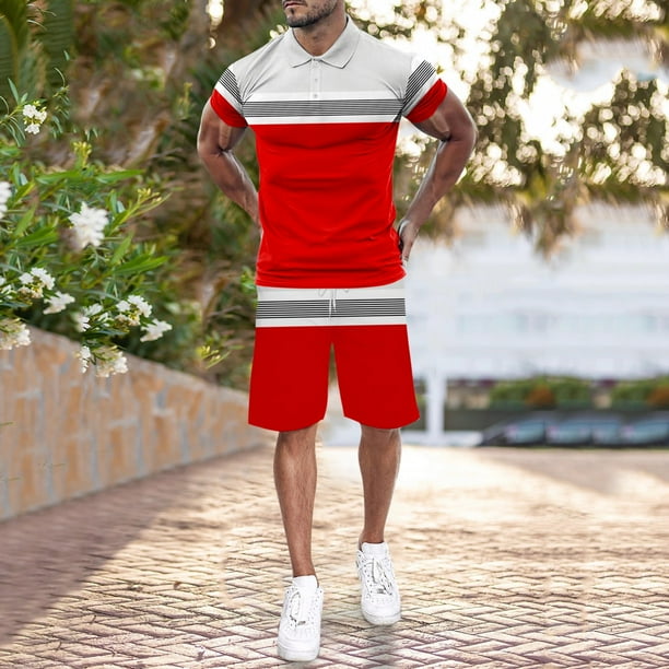 Hommes Suit Adult Male Homme Smoking Convient a la Mode des Hommes a Manches Courtes T Shirt et Shorts Ensemble Ete 2 Pieces Vetements Rouge XXL