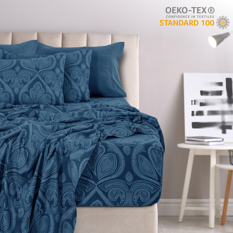 Lux Decor Collection Paisley Printed Queen Sheet Set, Navy photo 3