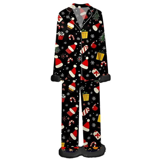 WENXIAOO Christmas Pajama Set Silk Pijamas Women Set Long Sleeve Button Down Pjs Set Christmas Womens Pjs