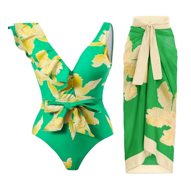 Traje de baño sexy de una pieza Traje de baño con volantes vintage Trajes de baño de 2 piezas para mujer Baño con cuello en V - Verde