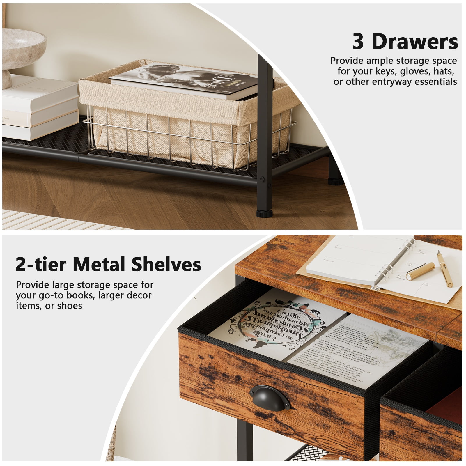 Satifur 47" Entryway Table with 3 Fabric Drawers, Console Table Metal Frame Sofa Table with 2 Shelves for Living Room and Hallway,Brown