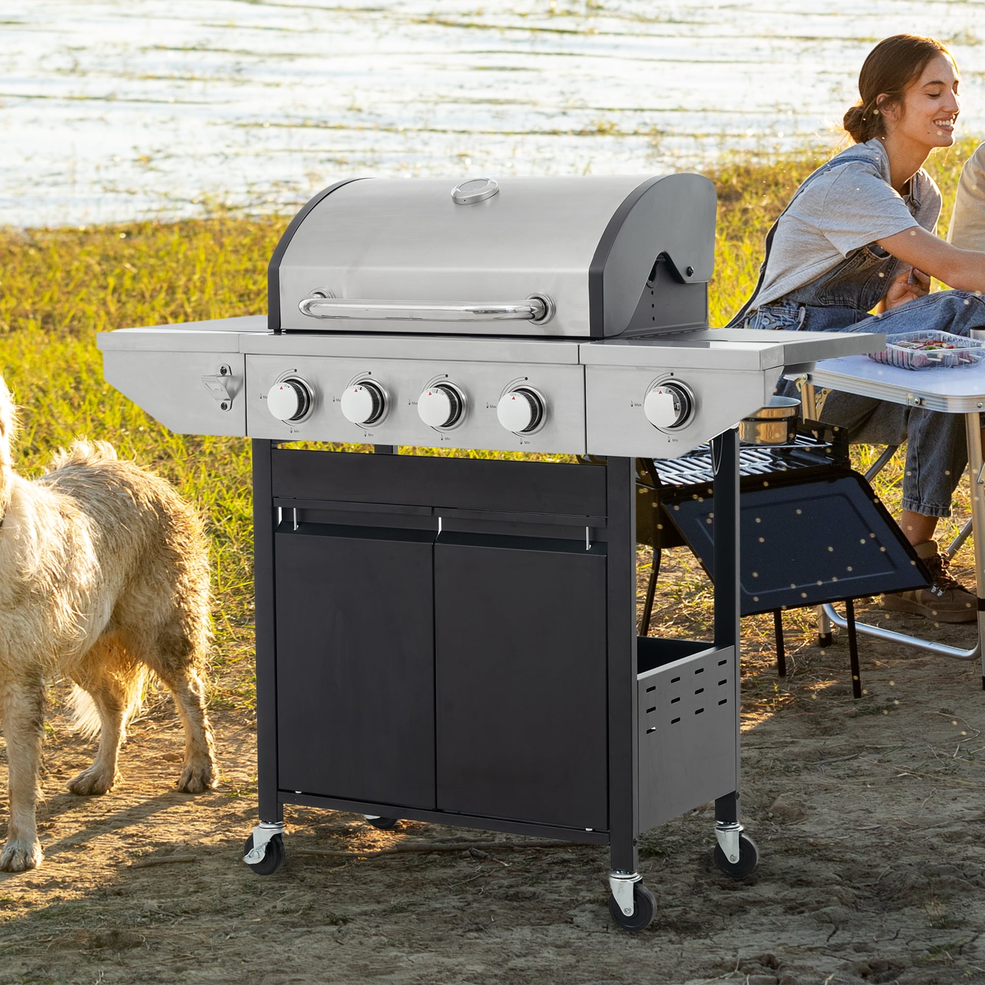 4 Burner Barbecue Grill, Stainless Steel Propane Gas Grill with Side Burner and Thermometer for Outdoor BBQ, Camping, 4 Wheels