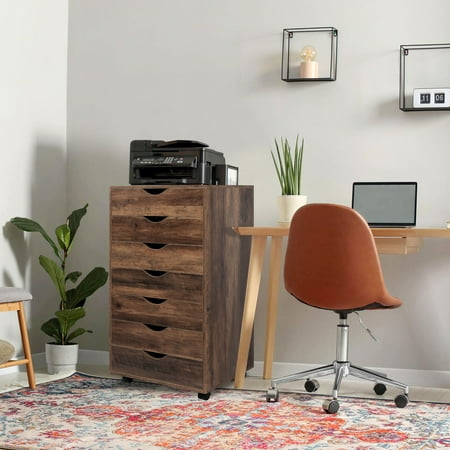 Debbie 7-Drawer Office Storage File Cabinet on Wheels  Mobile Under Desk Filing Drawer Unit  Craft Storage Organization for Home  Office Brown Oak