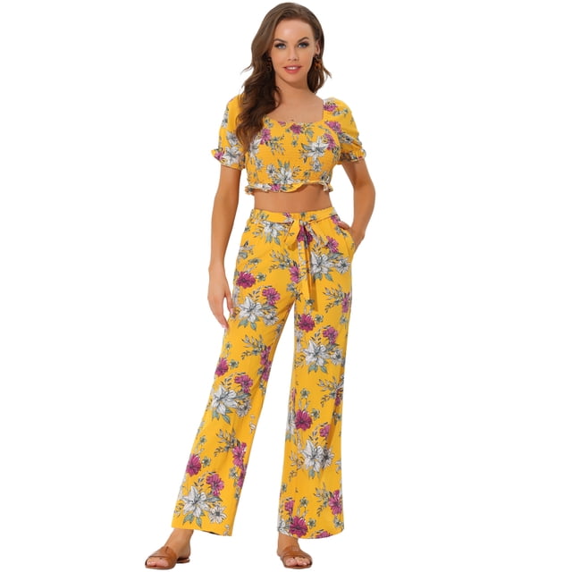 Conjunto Bohemio Floral de Dos Piezas Allegra K Informal Con Cuello Cuadrado Naranja XL