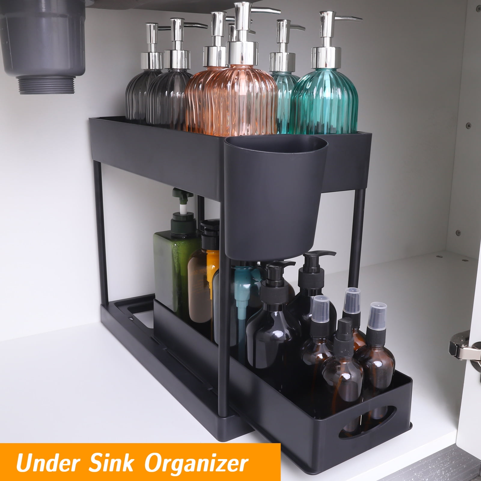 HEQUSIGNS Under Sink Organizer, 2 Tier Under Sink Organizer with Sliding Storage Drawer, Kitchen Bathroom Under Sink Sliding Cabinet Basket Organizer with 4 Hooks and 1 Hanging Cup