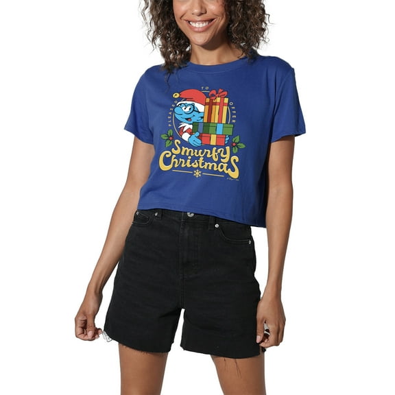Smurfs Smurfy Christmas With Brainy Smurf Women's Crop Top T-Shirt, Royal, Medium