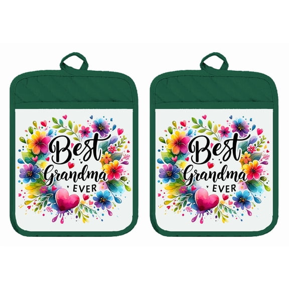 Set of 2 Pot Holders Oven Mitts Hot Pads 100% Cotton Best Grandma Ever Wildflowers Kitchen DZ150DPH (Green)