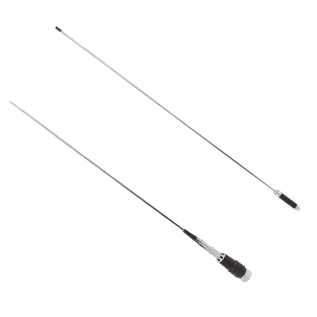 26-28mhz amateur antenna radio antenna walkie talkie antenna replacement for cb-27 cb-40m radio pl259 connector 3.5dbi vista frontal de dos antenas látigo metálicas de aprox. 94 cm; una con base cromada y montaje de goma negra y conector PL-259 visible, la otra mostrando el asta metálica y la punta negra. Especificada para 26–28 MHz (centro 27 MHz), 3.5 dBi, 50 Ω y 100 W; adecuada como reemplazo para antenas CB o radio portátil y uso vehicular o portátil.