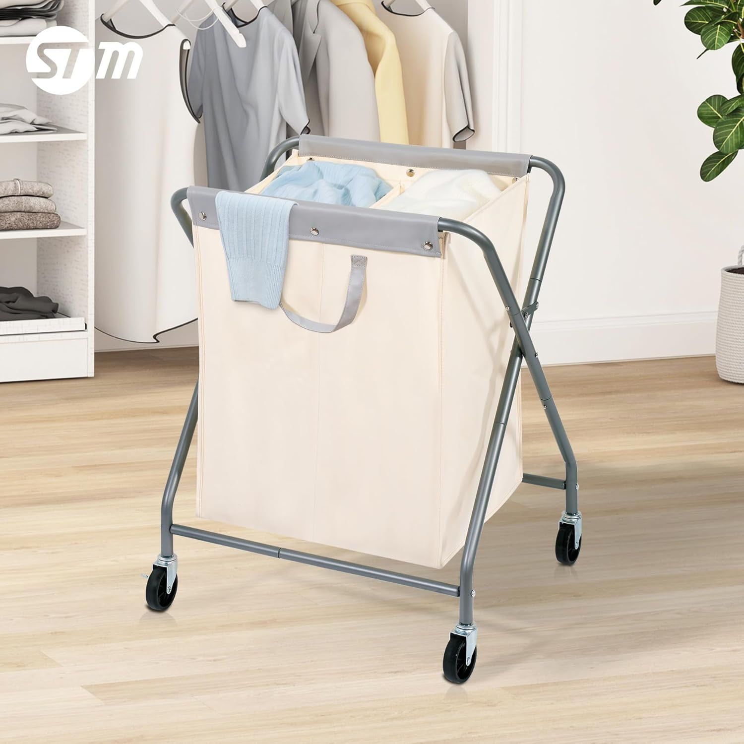 125L Collapsible Laundry Hamper with Wheels, Rolling Laundry Basket, Heavy Duty Cloth Sorter with Removable Bag, Folding X Frame Clothes Organizer Cart for Easy to Store, 2 Section