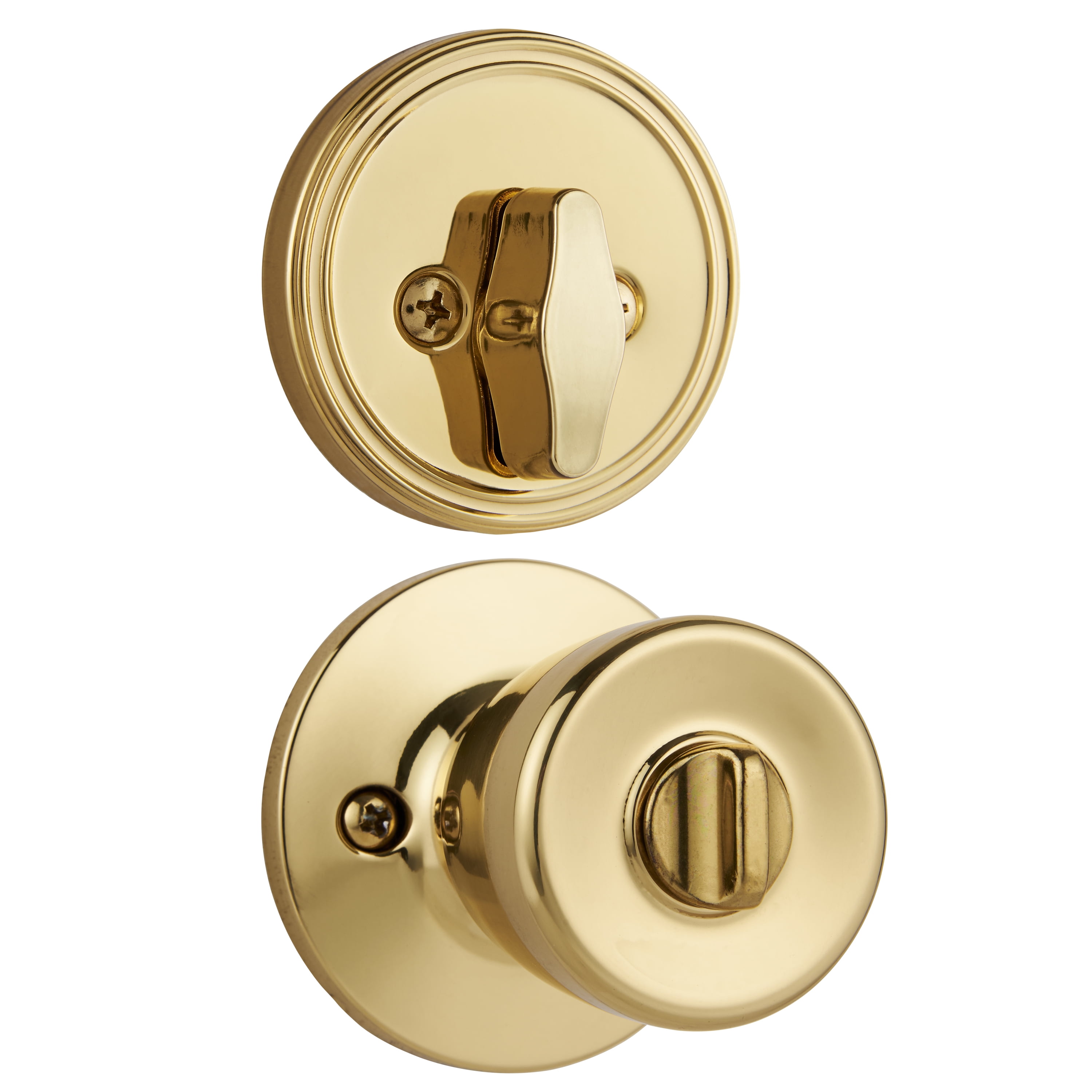 Polished Brass Entry Door Handle Combo Lock Set with Deadbolt and 8 SC1  Keys Total (2-Pack, Keyed Alike)
