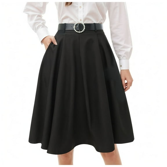 vigerkar High Waist Tiered Skirts for Women Flowy Skirts Below Knee with Pockets A-Line Skirt Black, S