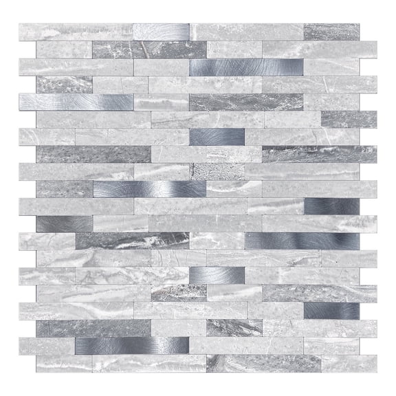 Murella Metal collection peel and stick backsplash tile 11.5X11.7 Marbled grey and Blue Oblong Brushed Silver - Single Tile
