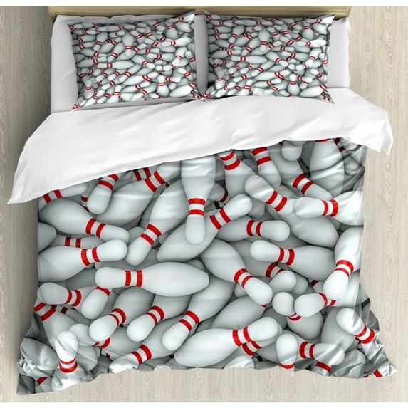 Bowling Party Duvet Cover Set, Pile of Vivid Bowling Pins and Skittles with Red Stripes 3D Style Print, Decorative 3 Piece Bedding Set with 2 Pillow Shams, King Size, Red and White, by Ambesonne