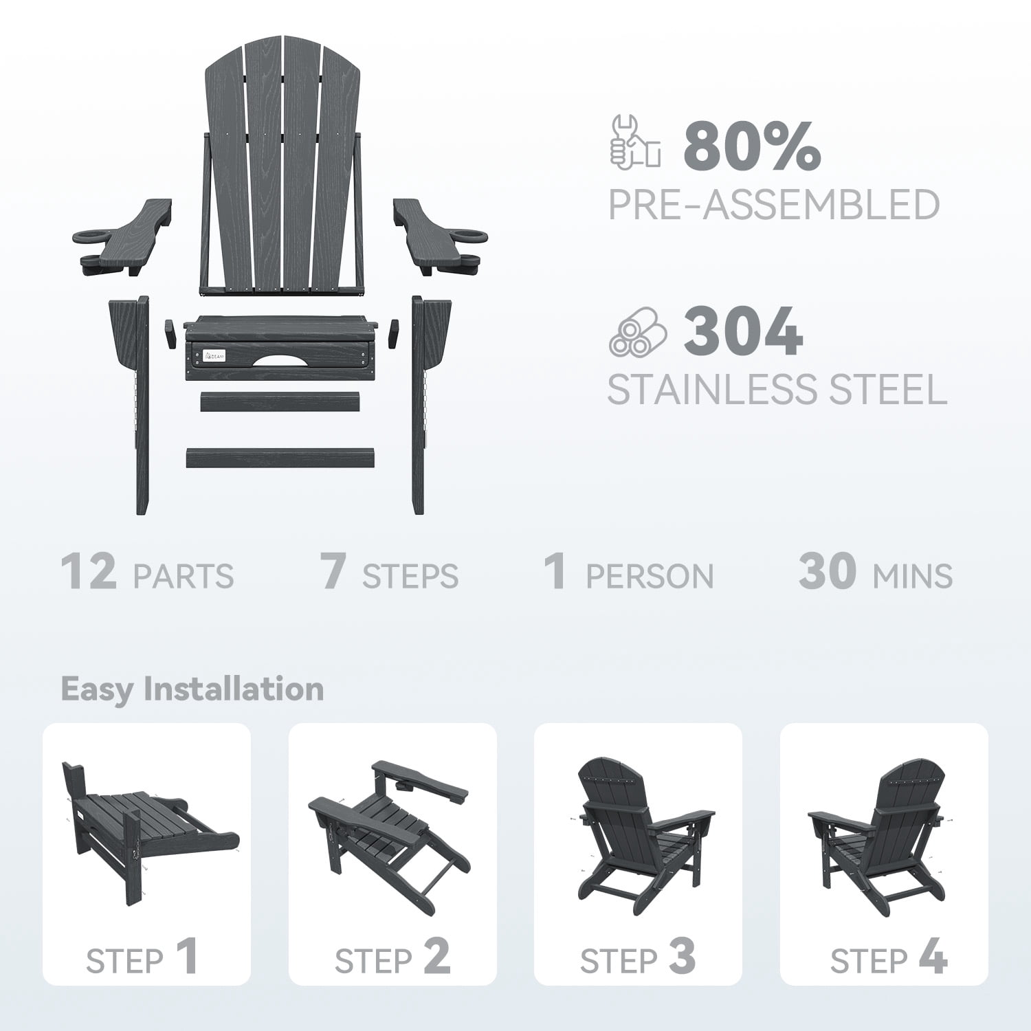 Erinnyees 3-Level Adjustable Adirondack Chair with Retractable Ottoman, HDPE All-Weather Folding Fire Pit Chair with 2 Cup Holders, Outdoor Chair for Garden