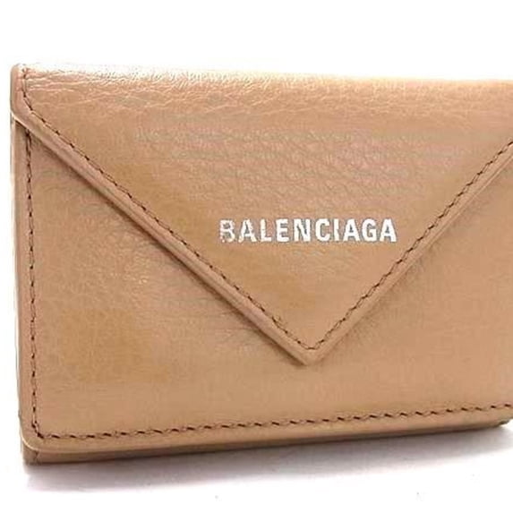 Pre-Owned BALENCIAGA Paper Mini Wallet 391446 Beige Leather Women's Trifold