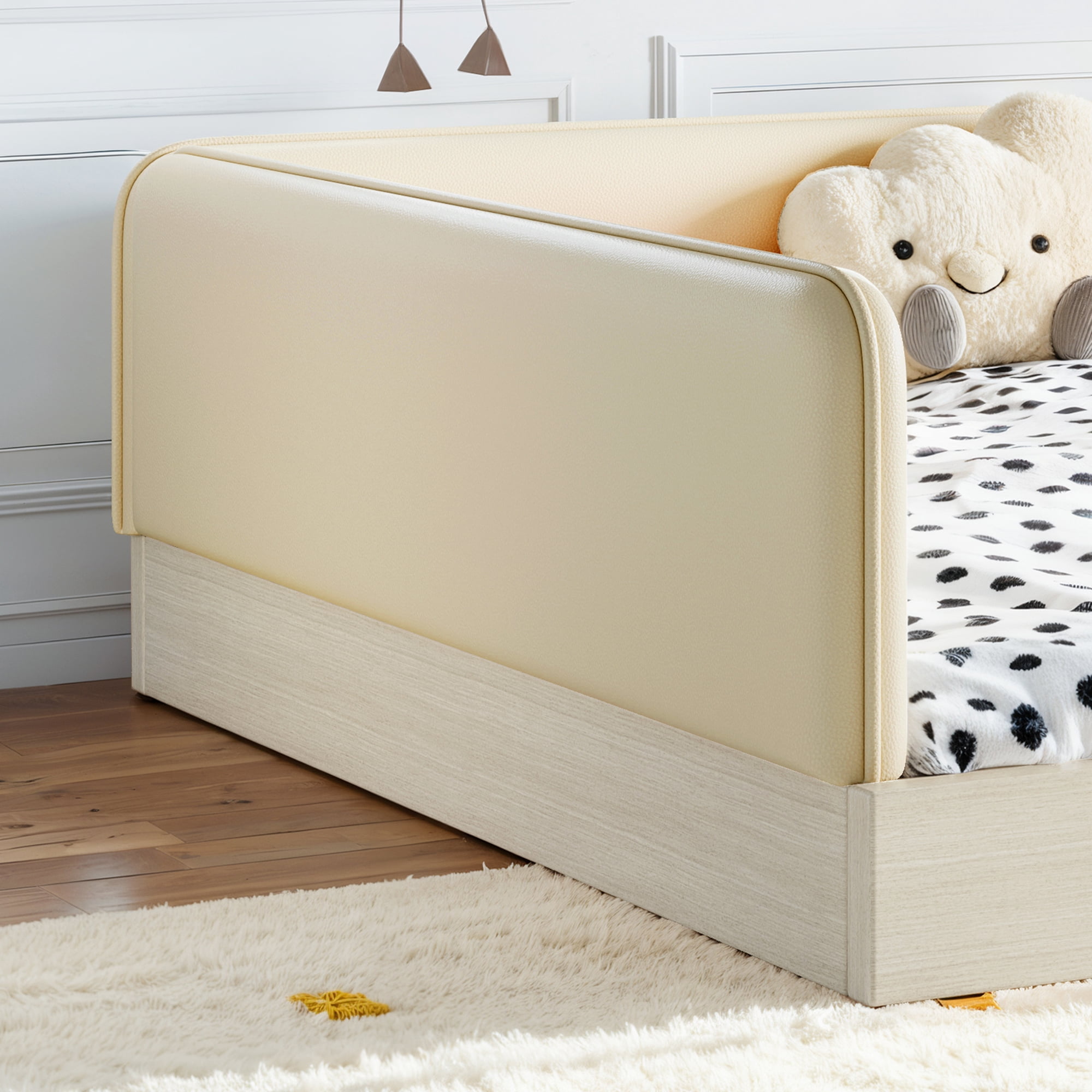 Queen Upholstered Floor Bed 82.68 Inch, Faux Leather Montessori Bed with Removable Guardrails, Low Profile Platform Bed for Kids, Beige