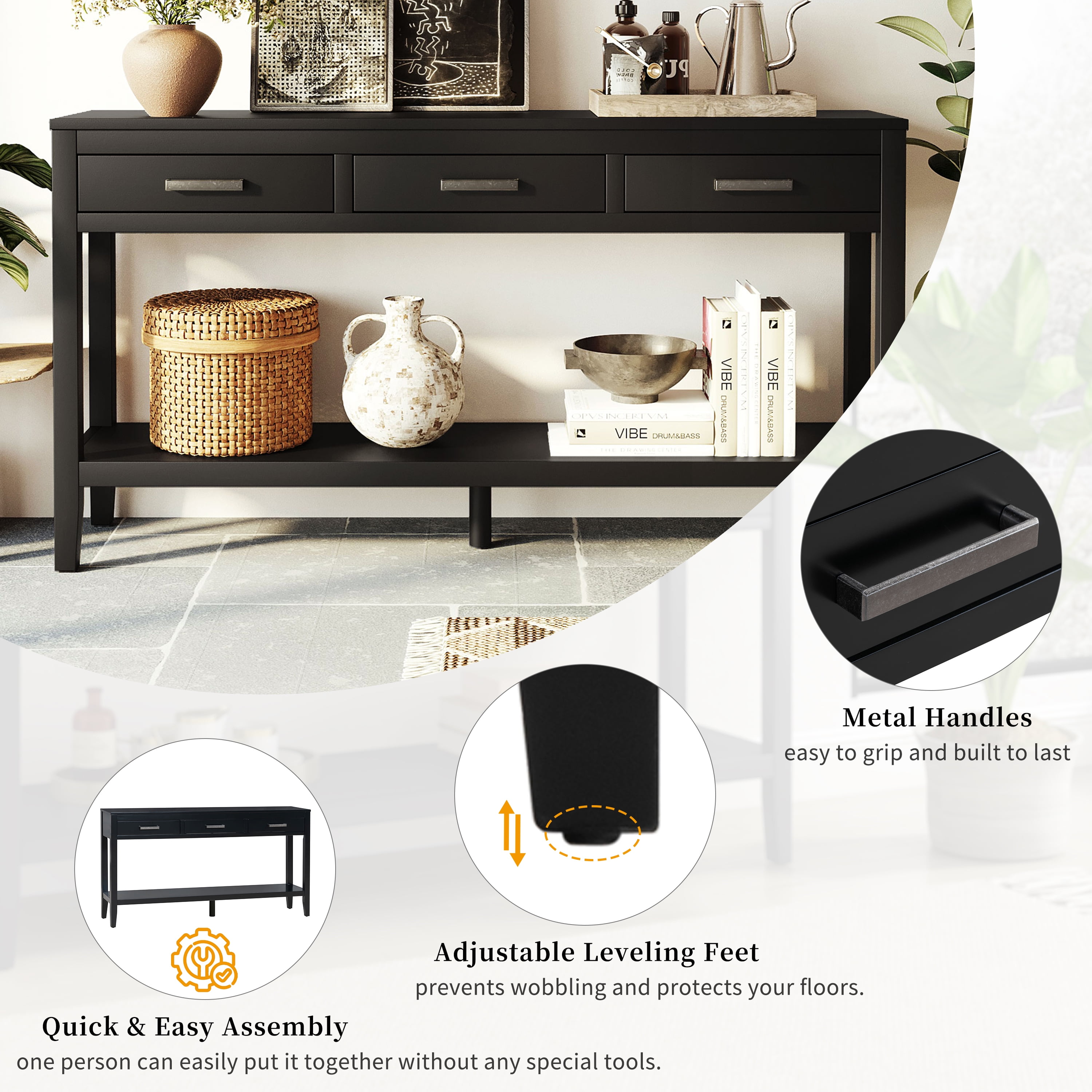 EUROCO 59.1" Longer Console Table, Narrow Wood Sofa Table with 3 Drawers and Open Storage Shelf,2 Tier Behind Couch Table Entryway Table for Living Room,Entryway,Hallway,Black