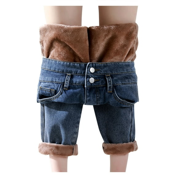 Outfmvch Fleece Lined Jeans Women Baggy Jeans High Waisted Jeans for Women Stretchy Jeans for Women Capri Jeans for Women Womens Jeans Womens Jeans Straight Leg Blue L