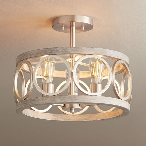 Franklin Iron Works Salima Rustic Farmhouse Ceiling Light Semi Flush Mount 16" Wide Brushed Nickel Gray Wood 3-Light LED for Bedroom Living Room House