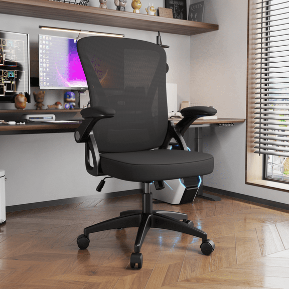 Bigzzia Ergonomic Office Chair, Mid-Back, Adjustable Height, Flip-Up Arms and Lumbar Support, Black