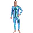 thumbnail image 5 of YONGHS Men's One Piece Shiny Metallic Patent Leather Jumpsuit Zentai Slim Fit Unitard Bodysuit Blue L, 5 of 6