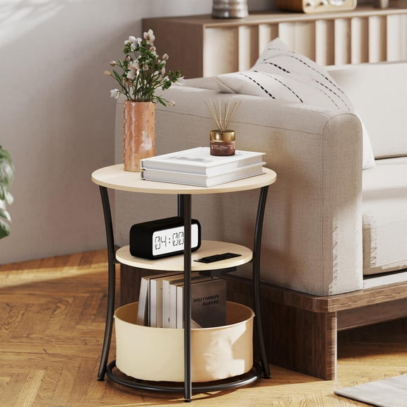 Demi Bonn 21" Round Side Table with Charging Station, 3-Tier End Table with Fabric Storage Bag and Shelf for Living Room, Beige