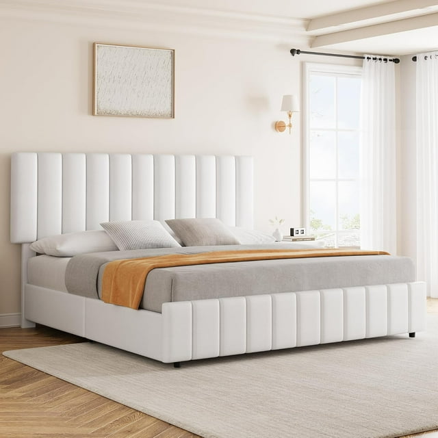 BeesClover Queen Bed Frame with 4 Storage Drawers, PU Leather Upholstered Platform Bed with Strong Wood Slats, No Box Spring Needed, Easy Assembly, Noise Free, White