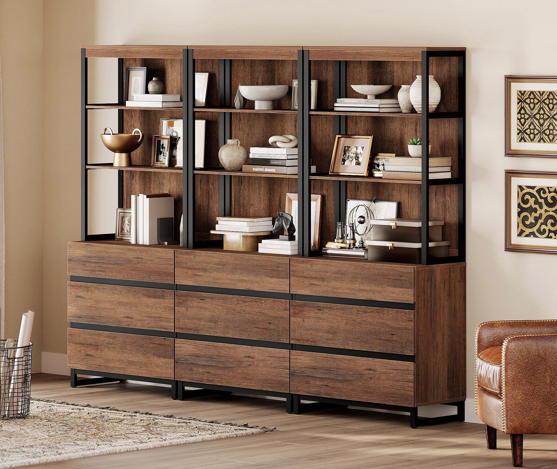 WAMPAT 3-Piece Modern 72" Tall Freestanding Bookcase，9 Drawers, Open Shelves & Storage Cabinet with Metal Base，Wood Library Bookshelf for Home Office & Living Room