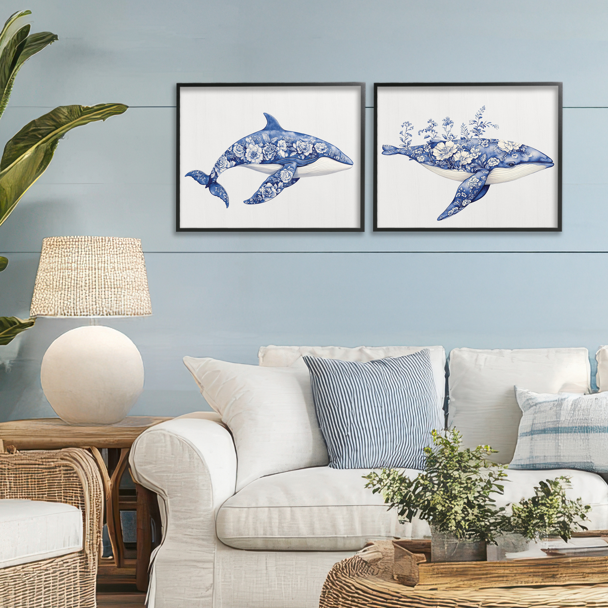 Blooming Toile Pattern Whales 2 Piece Black Framed Giclee Art Set, design by Lettered and Lined