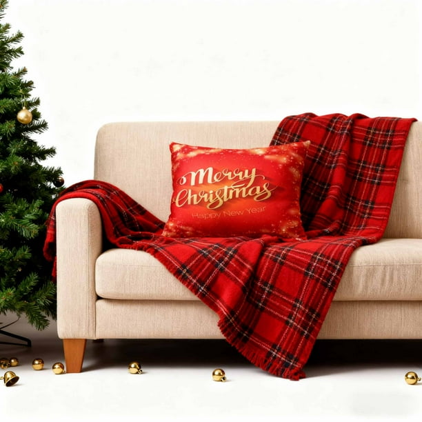 Funda de cojín rectangular con estampado de letras navideñas | Funda de cojín festiva roja y blanca | Cojín decorativo navideño para sofá, cama y silla