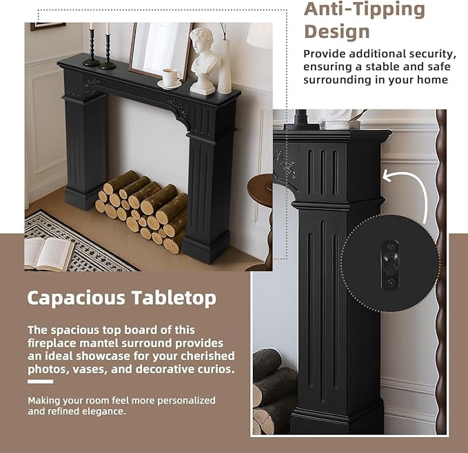 EPICOZY 43.3" Fireplace Mantel, Freestanding Fireplace Surround with Leg for Electric Fireplaces, MDF Mantel Surround with Shelf for Living Room with Decorative Pattern, Anti-Tipping & Waterproof