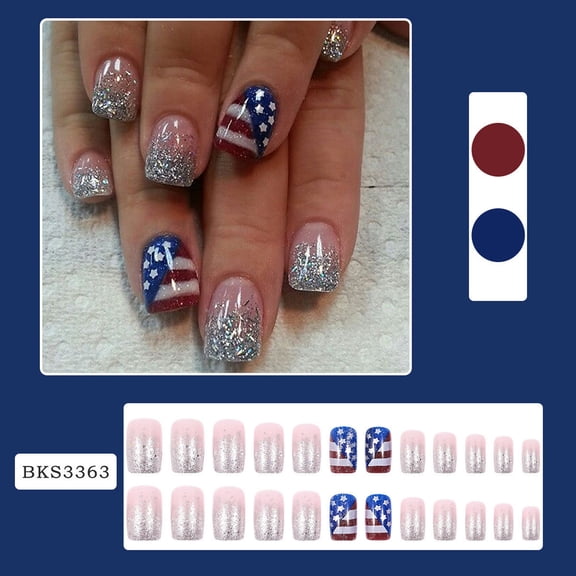 SDOHIG Independence Day Decor Flashing Nail Art July 4th Nails Press on Red White Blue Nails 24Pcs