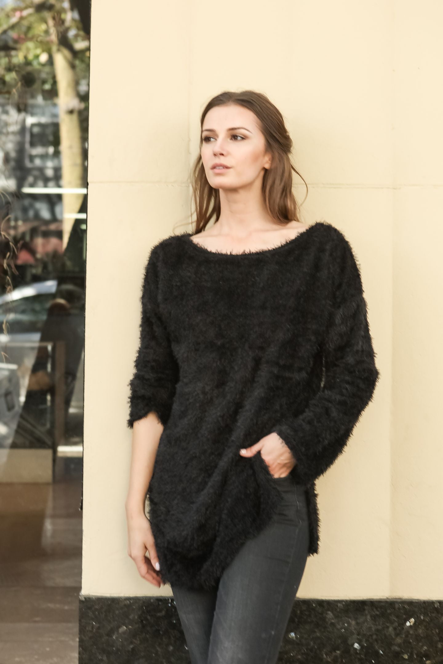 Women Boat Neck Fuzzy Furry Sweater Knit Pullover Loose Fit Tunic Top Black Medium