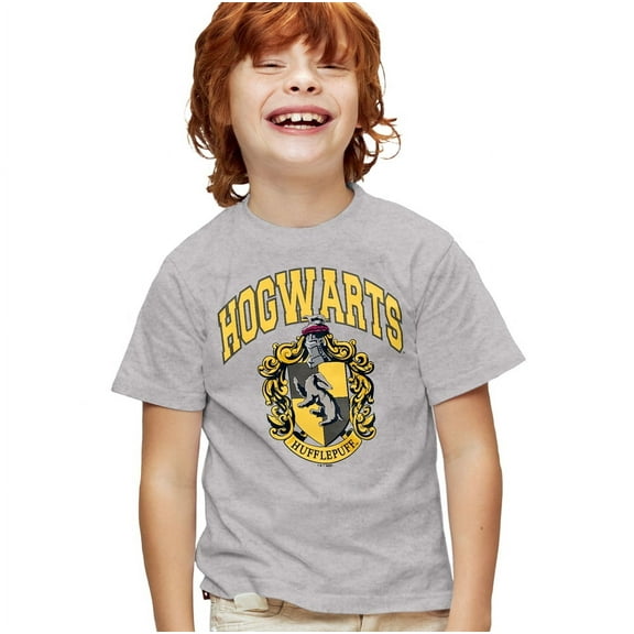 Harry Potter Hogwarts Hufflepuff Kids T Shirt for Youth Boys and Girls, Athletic Heather, Large